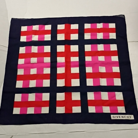 ❤️VINTAGE GIVENCHY LINENBANDANA SCARF 20X21 RED WHITE NAVY PINK
